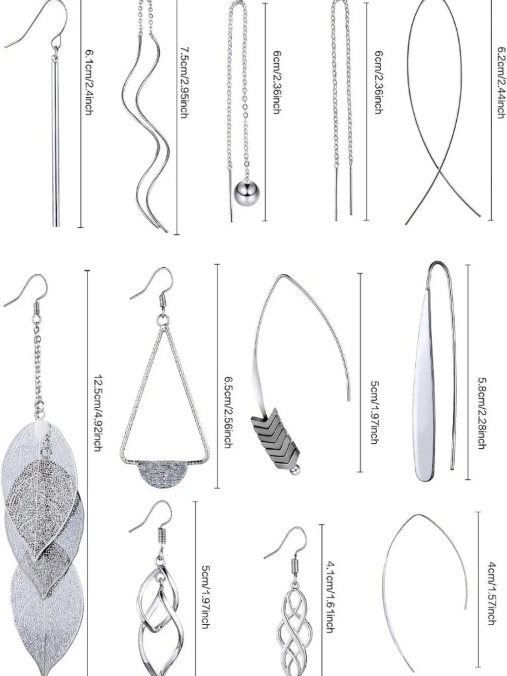 13 Pairs Curved Metal Drop Dangle Earrings Set - Threader, Wave, Arrow & Leaf